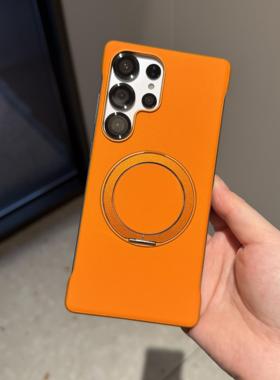 新款星宇橙色皮纹适用三星S25Ultra手机壳s24ultra无边框支架s25半包s23ultra高级感不沾指纹硬壳薄时尚男女