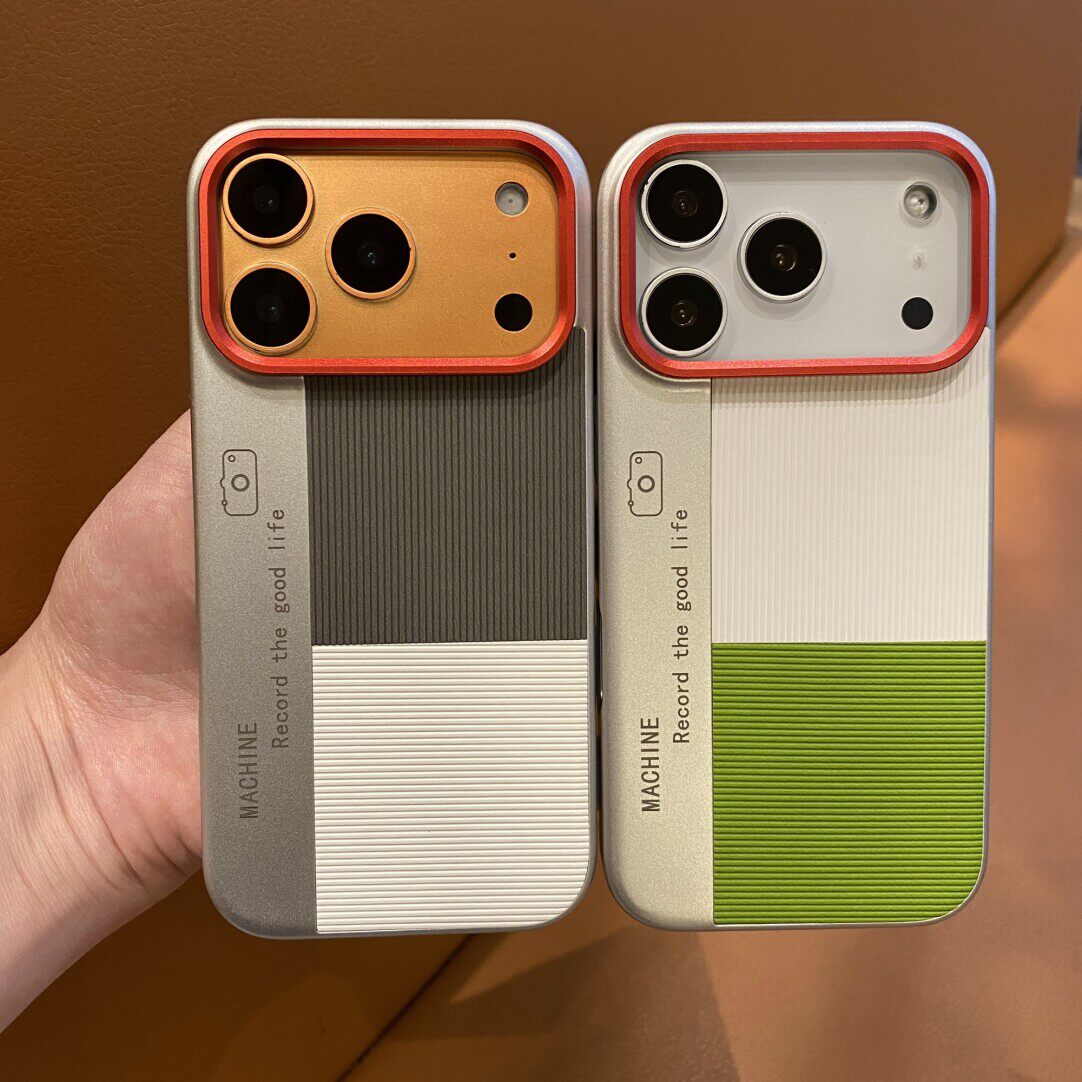 抹茶绿拼白相框适用苹果17promax手机壳三拼撞色iPhone16Pro高颜值iphone15pm金属镜框AIR硬壳全包竖纹情侣款