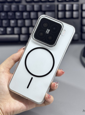 冰透平面黑色细圈磁吸适用小米15Pro手机壳14Ultra简约13超薄裸机感三星S25+大孔S24FE透明s23耐黄PC硬壳22男