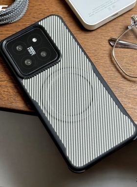 新款磁吸凯夫拉纹理适用小米14手机壳14Ultra四角防摔Xiaomi14全包14Pro软边小蛮腰系列银灰色个性大孔肤感套