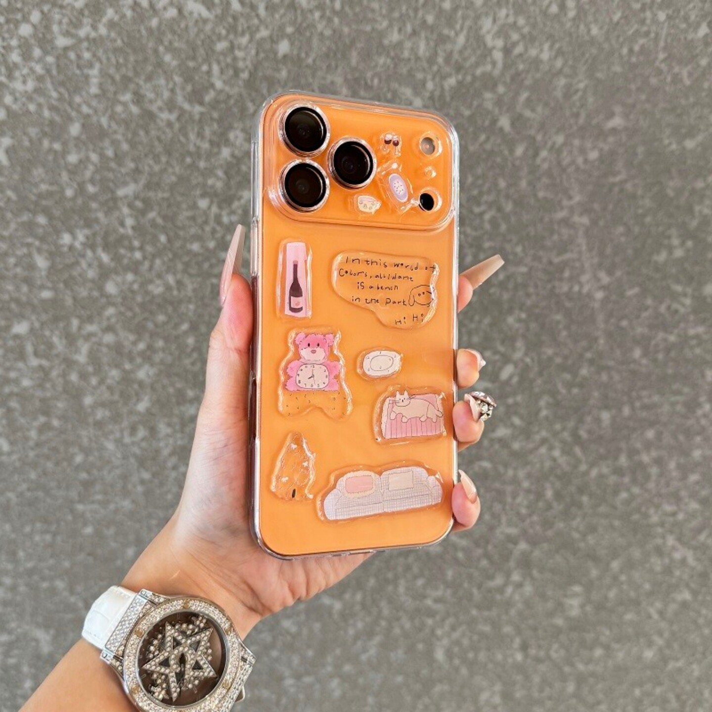 diy粉色可爱小熊贴纸适用苹果17ProMax手机壳iPhone16pro简约清透带镜头膜15/14plus透明超薄硬壳13裸机感12