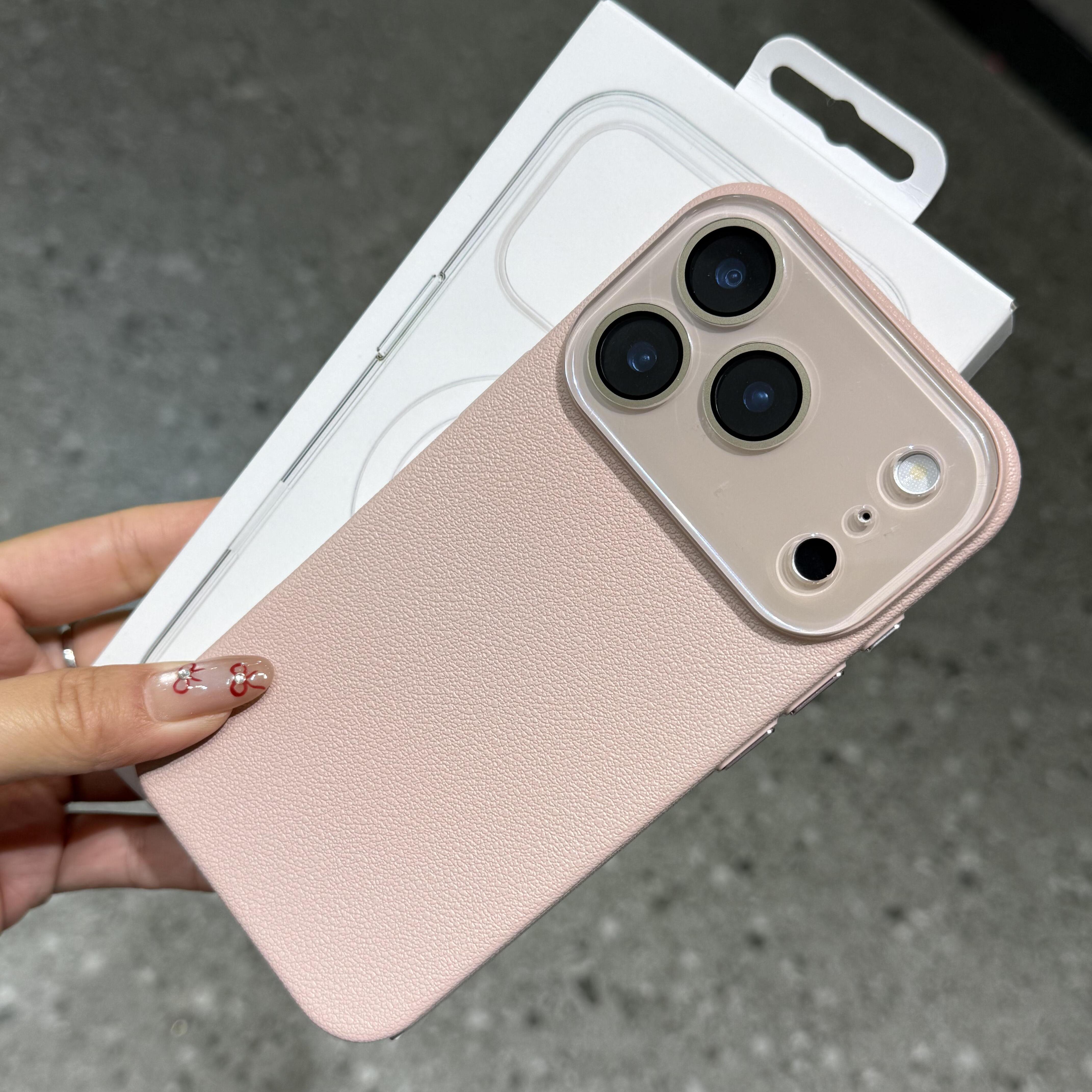 裸粉色水晶镜头膜高级感适用苹果17promax手机壳iPhone16Pro荔枝纹15/14plus散热iphone13独立按键12硬壳11女