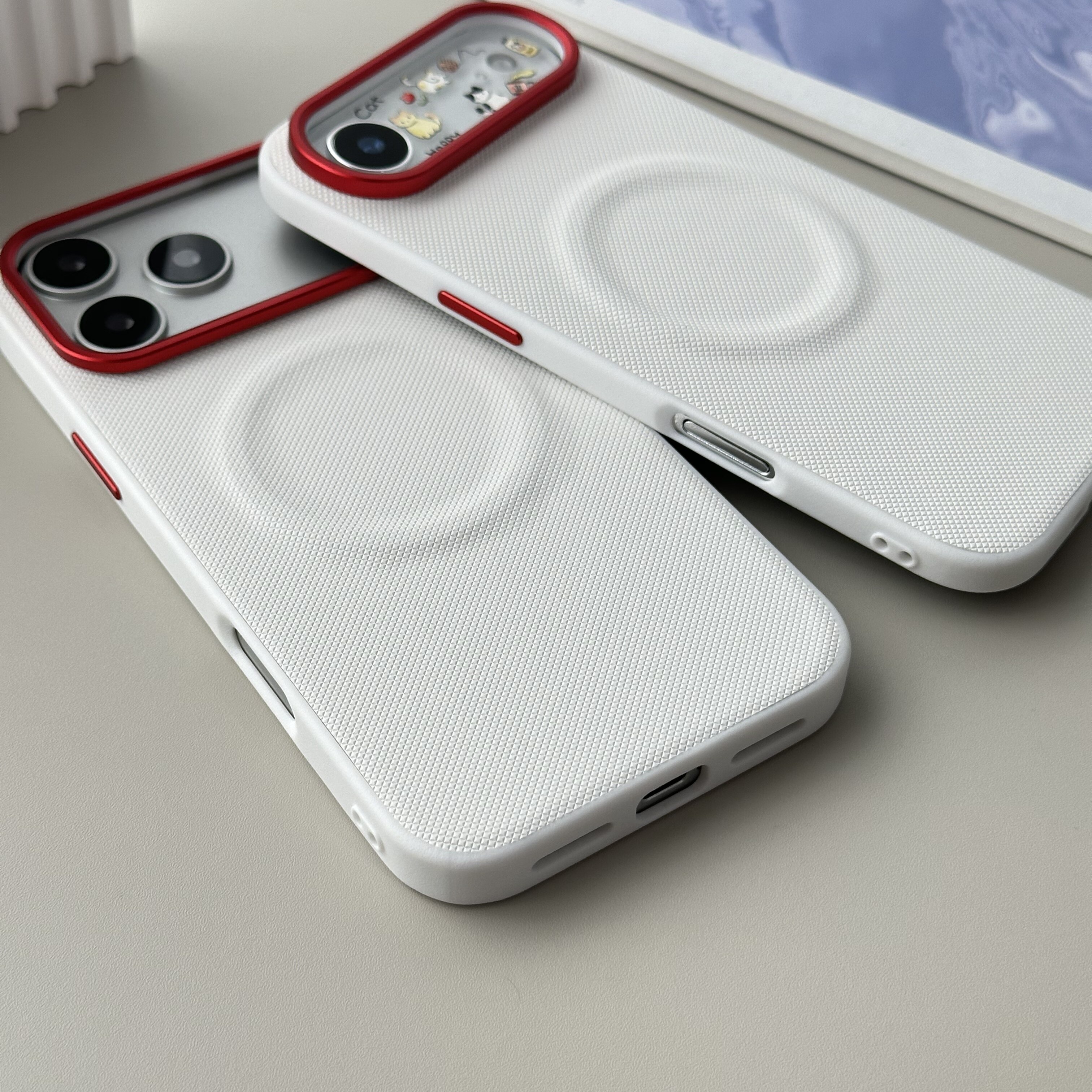 奢华素皮白编织钻石纹适用苹果18promax手机壳红色大孔镜圈iPhone17Pro全包金属按键Air防指纹16磁吸1514防摔