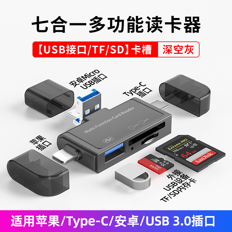 usb3.0读卡器七合一万能高速CCD相机sd大卡多功能u盘佳能单反tf内存卡适用苹果华为typc安卓手机电脑车载通用