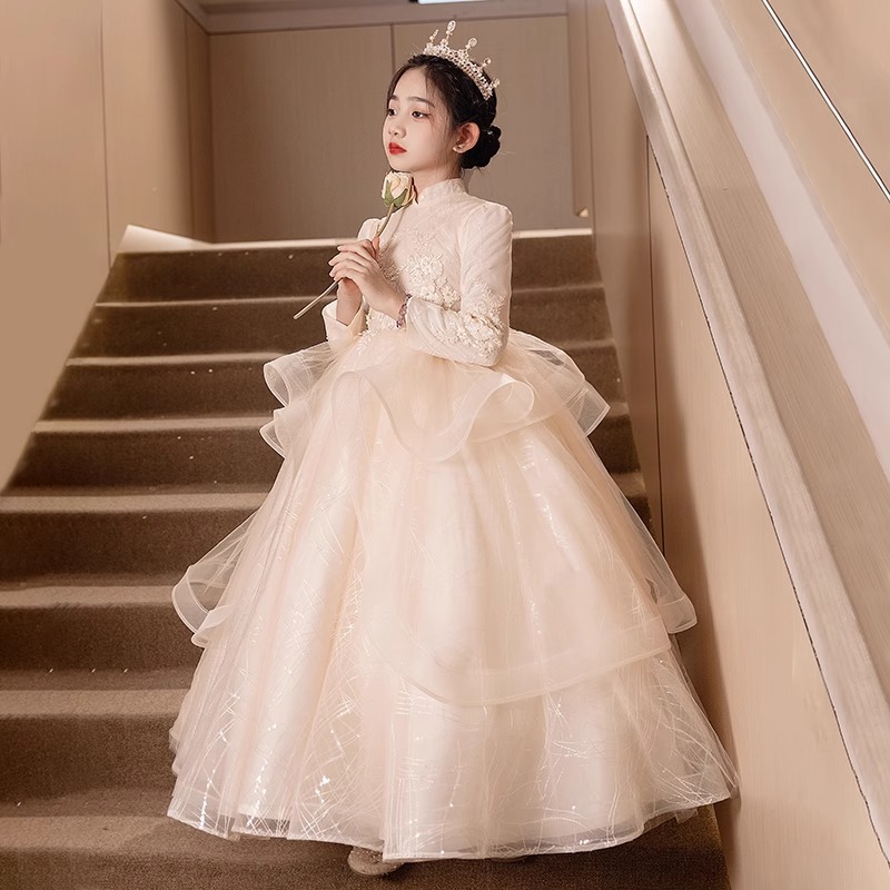 女童生日礼服公主裙长袖高端轻奢花童钢琴演奏儿童小主持人演出服