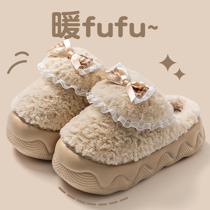 蝴蝶结棉拖鞋厚底秋冬季室内居家用防滑耐磨外穿保暖毛绒拖鞋