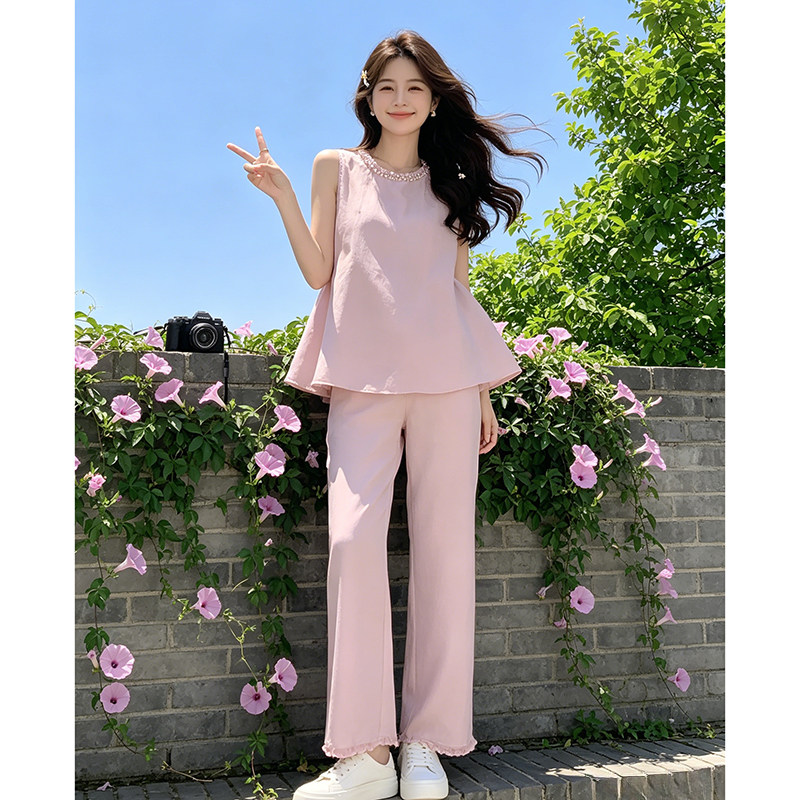 小众时尚chic钉珠无袖上衣女夏季2026新款巨好看纯色显瘦长裤套装