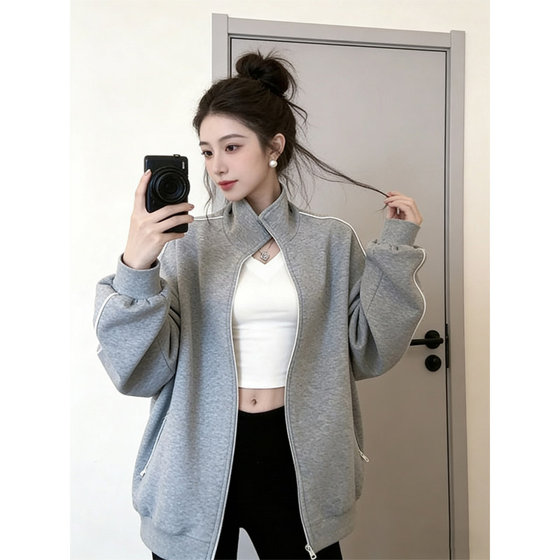 巨好看纯色高级感慵懒风宽松立领休闲运动夹克卫衣外套女春季2026
