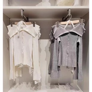 Brandy WM新款蕾丝系带甜辣性感长袖针织衫上衣BM显瘦一字肩毛衣