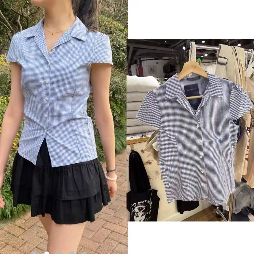 Brandy bm新款泡泡袖翻领收腰衬衫上衣BM单排扣修身短袖女rue top