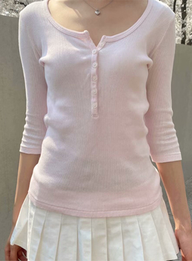 Brandybm美式休闲浅粉色圆领罗纹中袖上衣BM五分袖T恤女zelly top