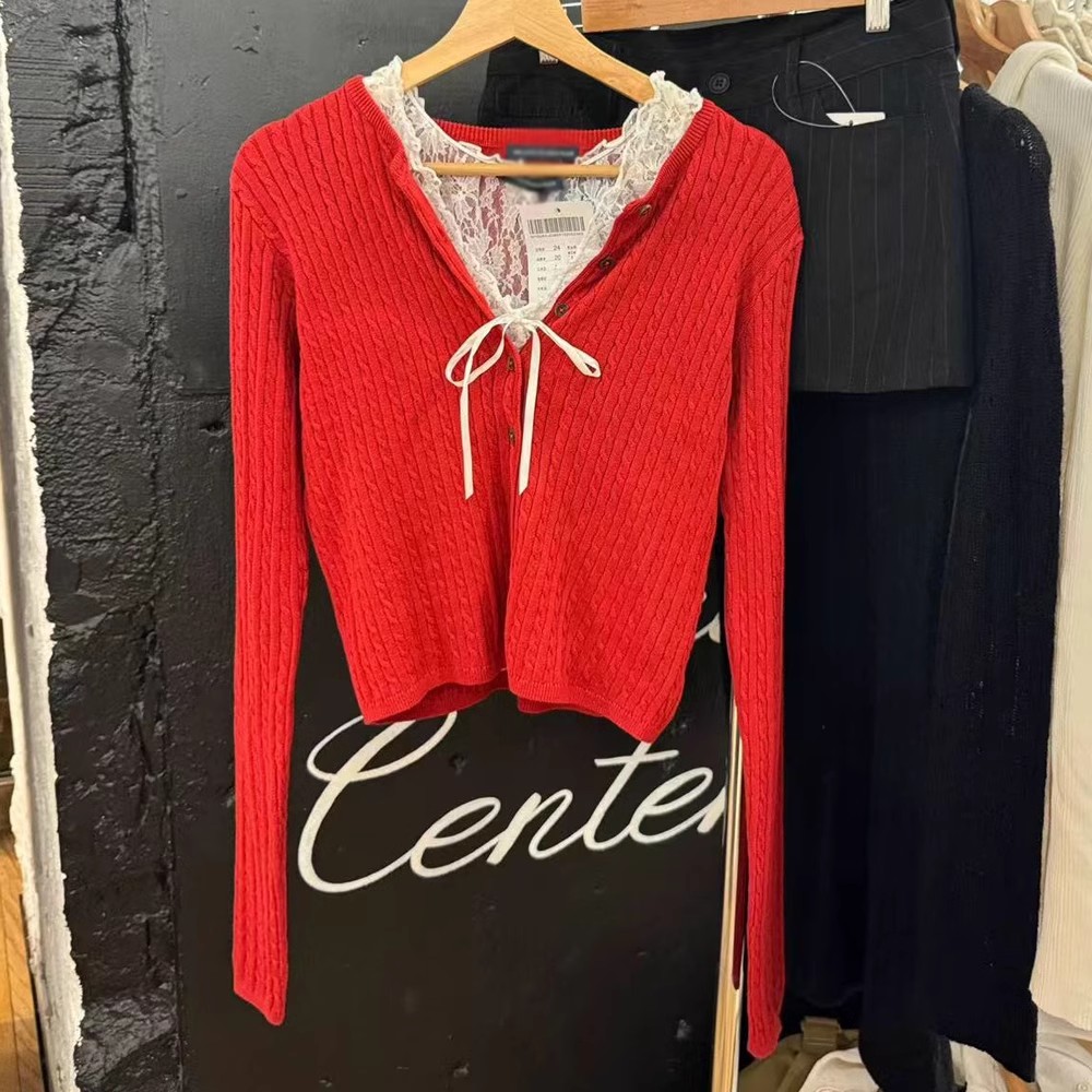 Brandybm新款圆领单排扣纯棉红色麻花针织开衫BM春秋叠穿毛衣上衣