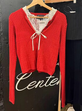 Brandybm新款圆领单排扣纯棉红色麻花针织开衫BM春秋叠穿毛衣上衣