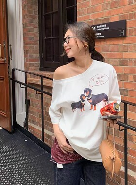 Brandy 美式休闲jennie斜肩露锁骨宽松T恤女BM韩系腊肠狗短袖上衣