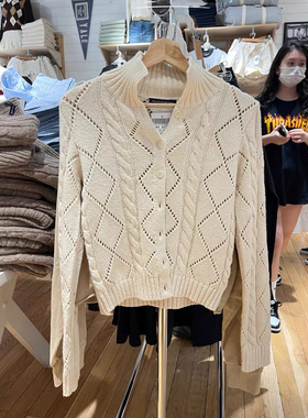 Brandy BM秋新款美式复古翻领镂空针织开衫外套bm短款长袖毛衣女