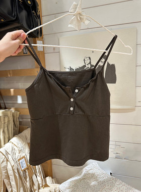 BrandyBM新款美式棕色蕾丝花边纽扣吊带女bm修身纯棉内搭背心上衣
