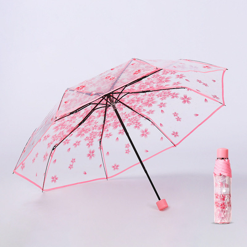 日本透明樱花雨伞三折伞全自动网红直柄伞可爱折叠儿童成人女