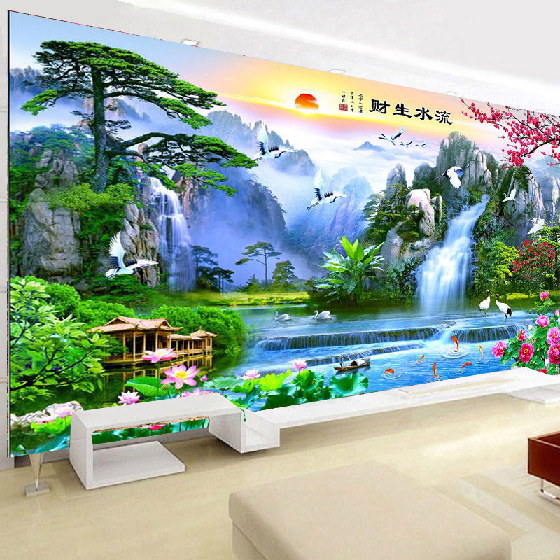 9C3d无纺布流水生财大型壁画5D客厅沙发电视背景墙壁山水风景墙布