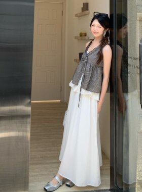 DOMX春夏季高腰白色半身裙大裙摆A字长裙显瘦显高伞裙垂感百褶裙