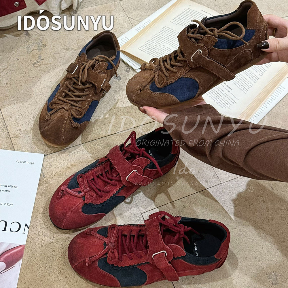 IDOSUNYU欧货新款牛猄皮复古德训鞋4CM真皮拼色系带平底百搭女鞋