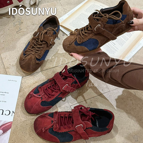 IDOSUNYU欧货新款设计师复古德训鞋4CM真皮拼色系带平底百搭女鞋
