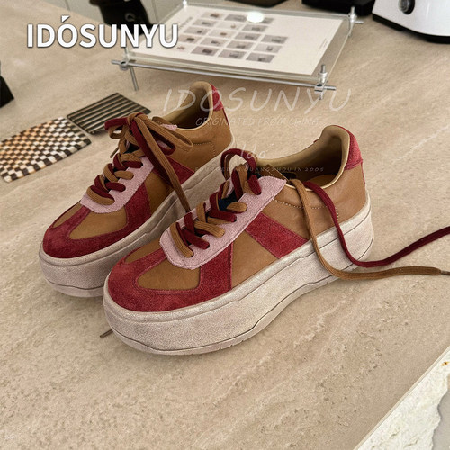 idosunyu欧货进口牛皮6CM厚底鞋女款复古拼色内增高百搭休闲板鞋