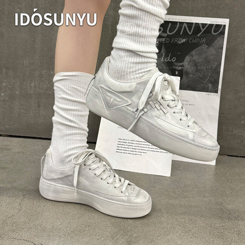 IDO欧货新款进口4CM厚底做旧牛皮复古板鞋女休闲百搭系带潮鞋
