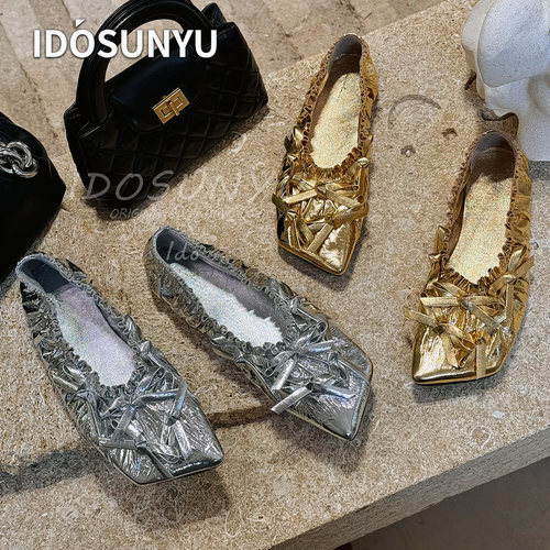 idosunyu欧货2026新款复古方头褶皱玛丽珍鞋女款平底百搭舒适单鞋