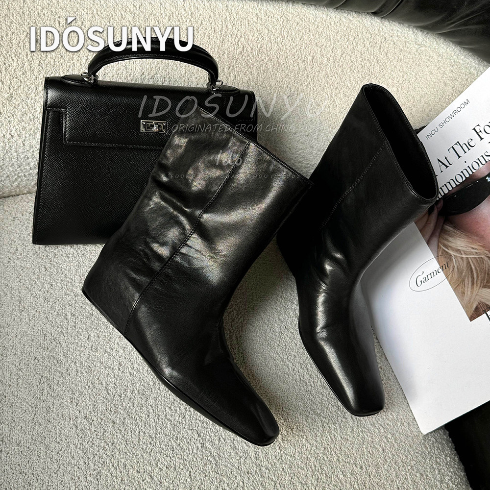 idosunyu欧货女鞋秋季新款进口牛皮4CM方头粗跟中筒靴百搭时装靴