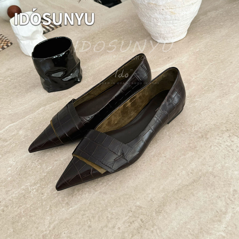 法式尖头鳄鱼纹牛皮粗跟浅口单鞋