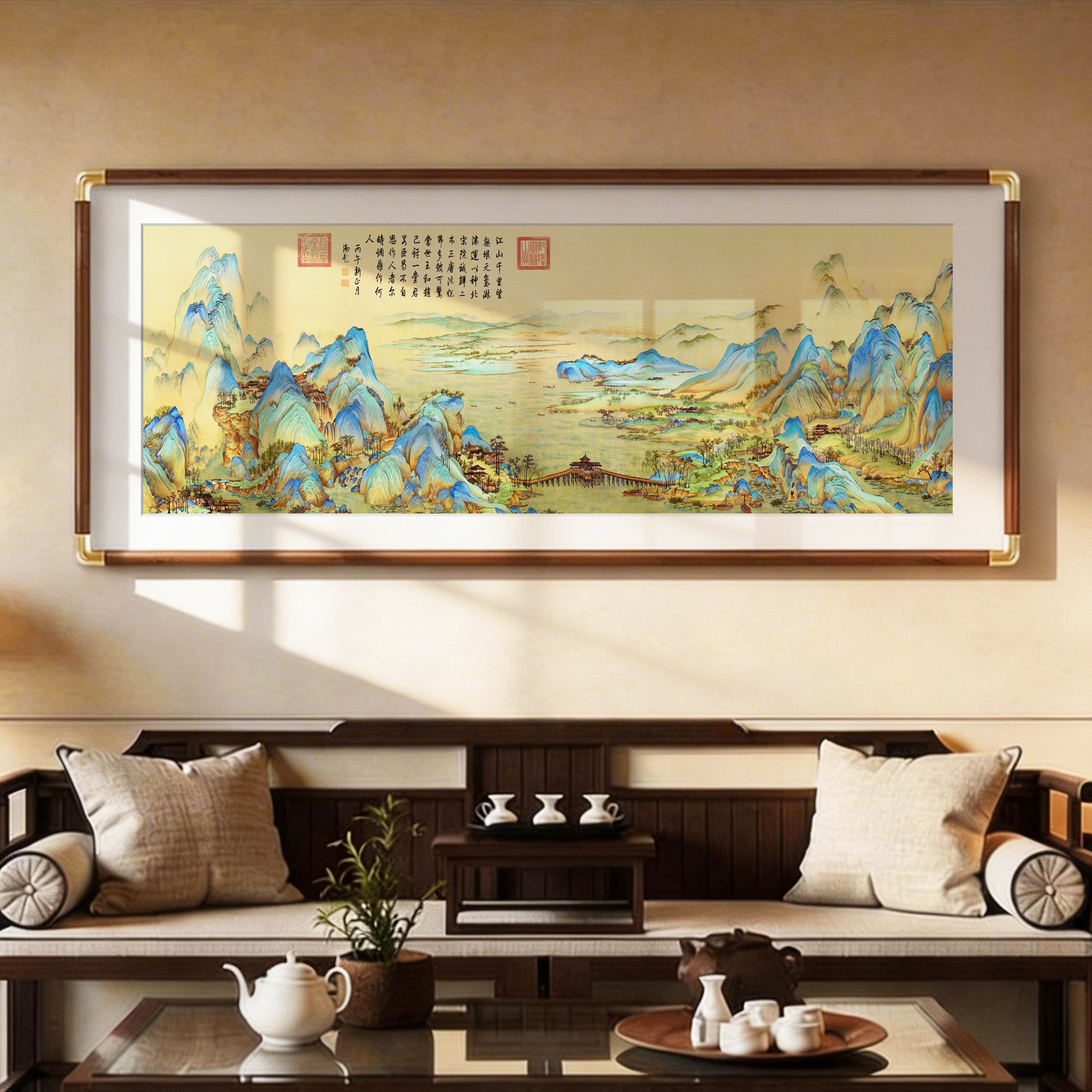 千里江山图挂画茶室背景墙山水画客厅装饰画办公室清明上河图字画