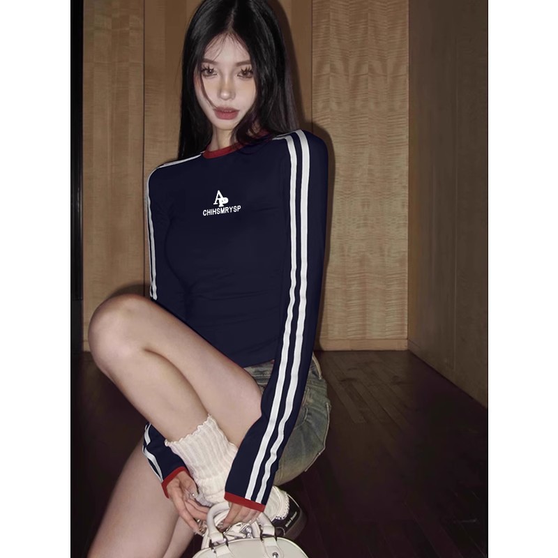 美式复古辣妹长袖t恤棉大码印花早秋新款设计感小众性感收腰上衣