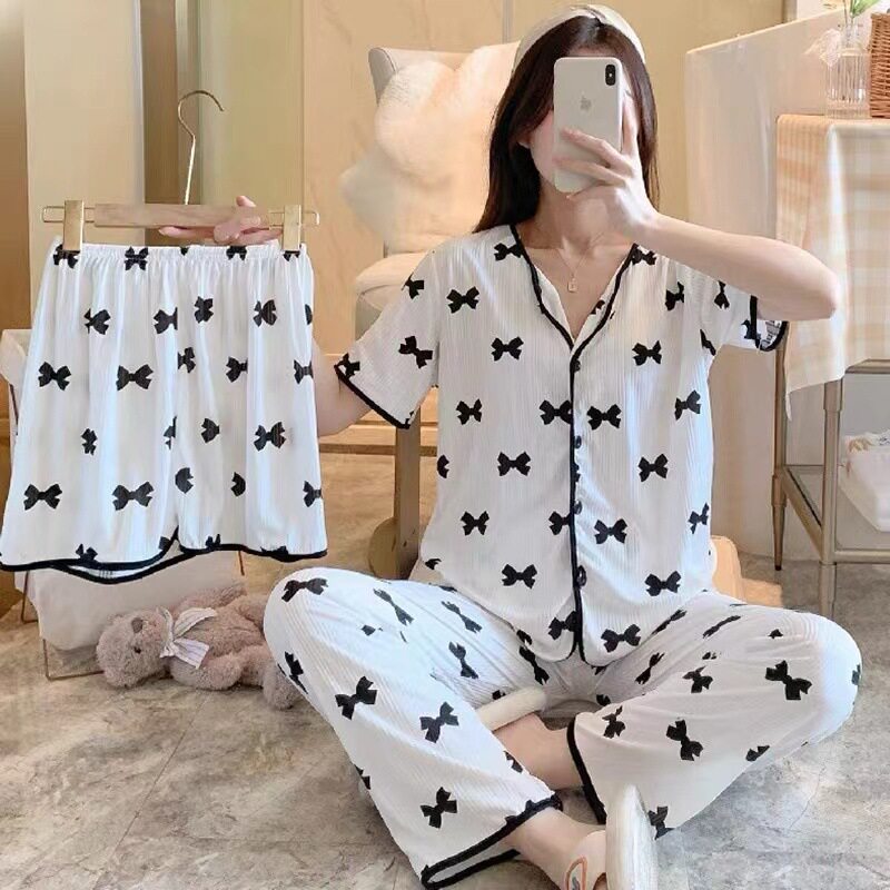夏季韩版蝴蝶结三件套睡衣女翻领开衫长裤喇叭袖家居服