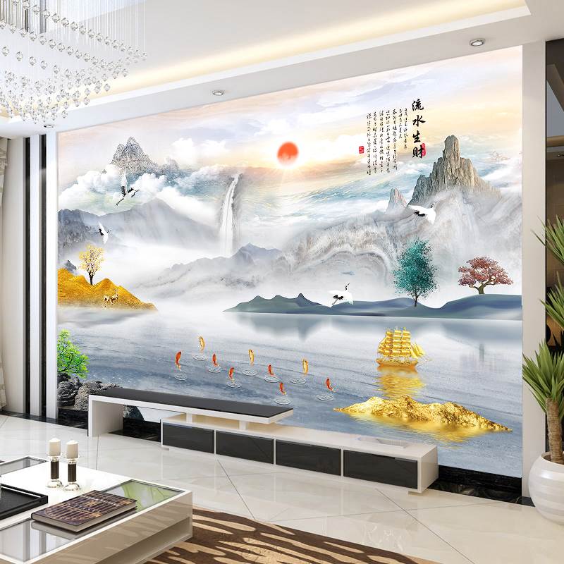 流水生财3d立体山水风景壁画大气客厅电视背景墙影视墙贴自粘装饰
