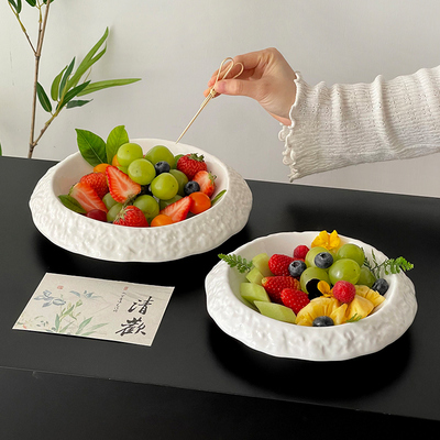 中式纯色花边陶瓷盘精致下午茶水果盘甜品盘高级感盘子深盘展示盘