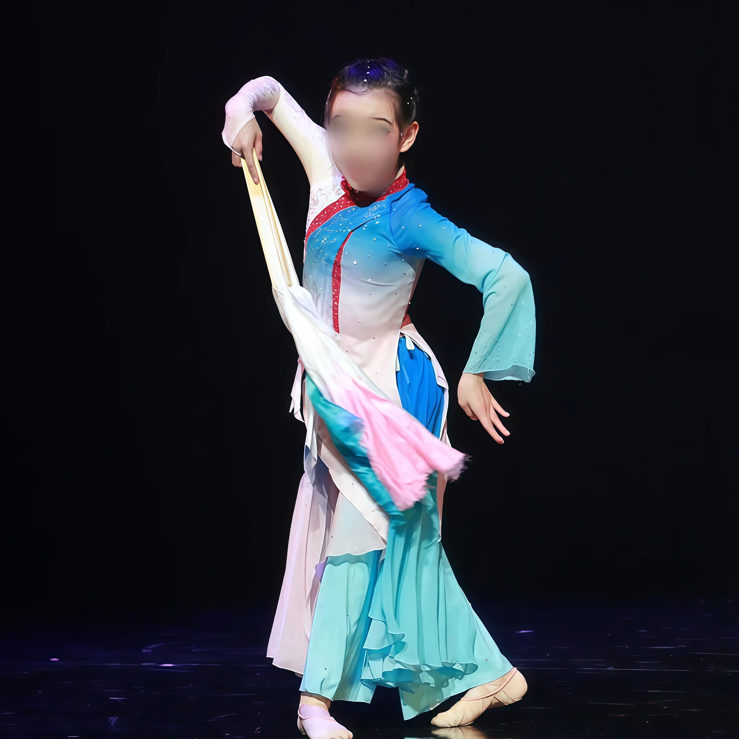 舞优伶古典儿童独舞《家燕归巢》蓝色渐变裤裙扇子舞定制表演服装