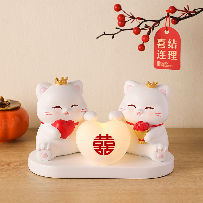 情侣樱花猫长明灯摆件结婚礼物