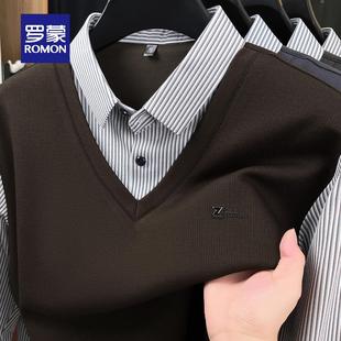 中老年爸爸秋装 罗蒙条纹衬衫 翻领秋季 t恤男士 上衣MF 领假两件长袖