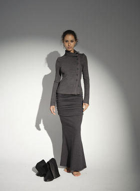 Kiwi Jadeite2025新款针织衫女羊毛外套灰色立领开衫设计感小众