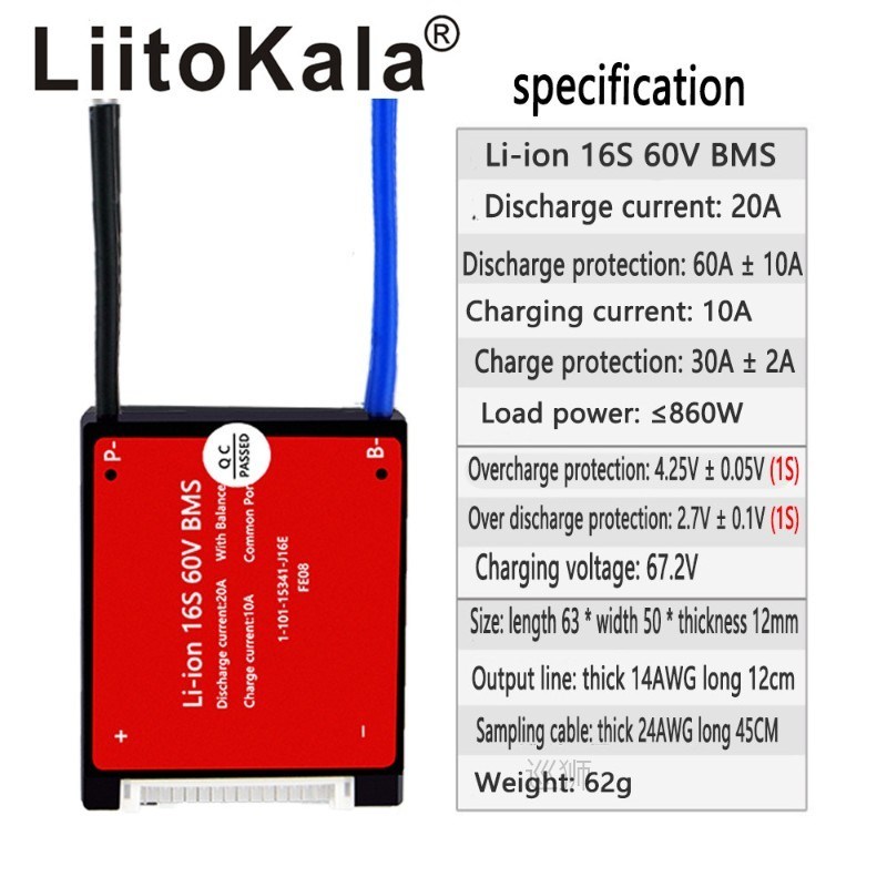 Li-ion 16S 60V 20A 18650 PCM battery protection board BMS PC