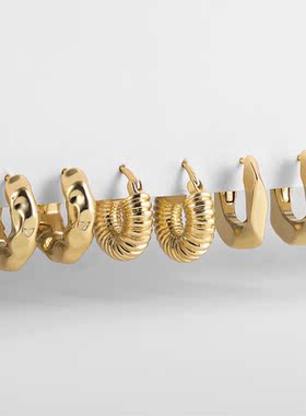 3pair Creative Gold Color Geometric Irregular Hammered Earri