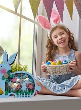 Wooden Decorative Rabbits Figurines Colorful Hollow 3D