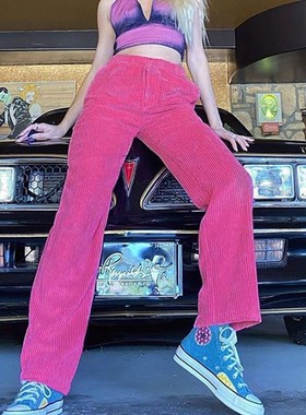 Corduroy high elastic waist thin easy straight canister