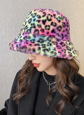 Winter Leopard Print Faux Fur Plush Bucket Hats For Women