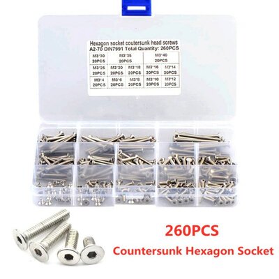 260pcs M3 Hex Hexagon Socket Countersunk Head Screw Kit Stai