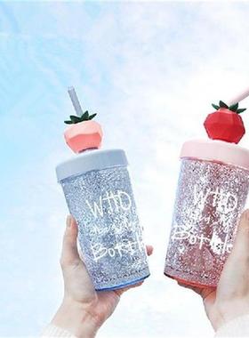 Cute Fruit Plastic Water Cups With Straw Portable Clear