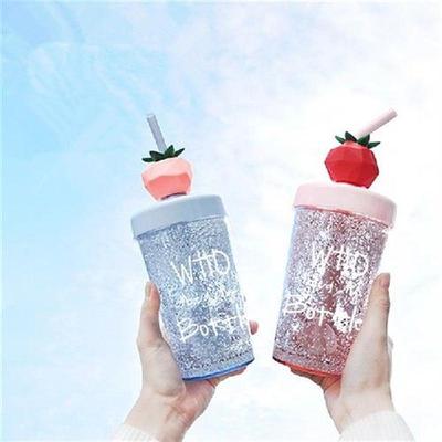 Cute Fruit Plastic Water Cups With Straw Portable Clear