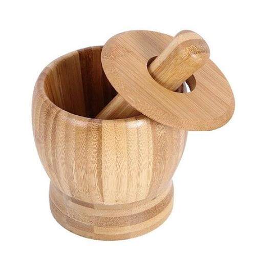 Mortar And Pestle Set Bamboo Bowl Garlic Press Grinder
