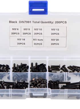 200PCS M3 10.9 Grade Black Carbon Steel Countersunk Head Hex
