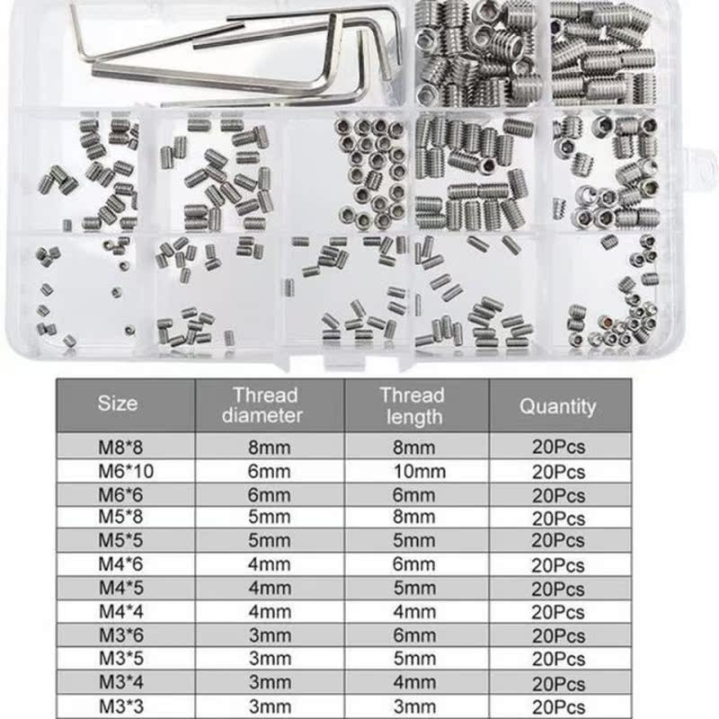 240pcs Hexagon Socket Set Screws Headless Assortment Kit 304